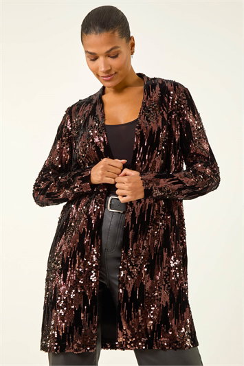 Brown Sequin Velvet Longline Jacket