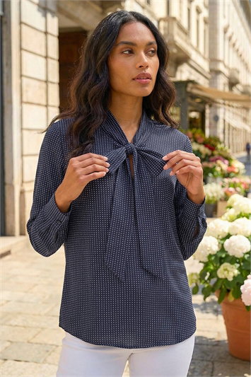 Blue Polka Dot Tie Neck Top