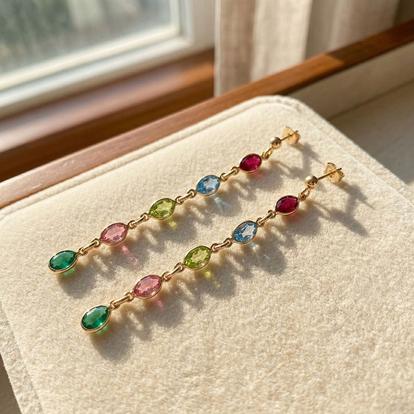 Metallic Dangle Multi Gemstone Crystal Drop Gold Plated Earrings
