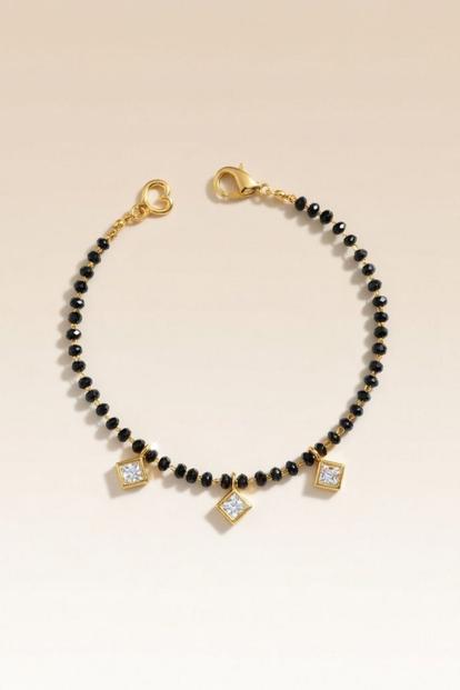Black Black Beaded Mangalsutra Square Dangle Zircon Nazar Bracelet