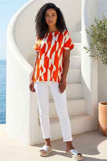 Orange Geometric Print Woven Top