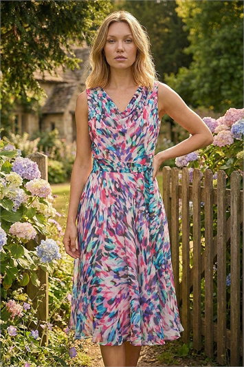 Abstract Print Chiffon Cowl Neck Dress 14728248