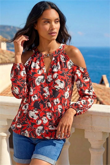 Red Printed Cold Shoulder Stretch Top