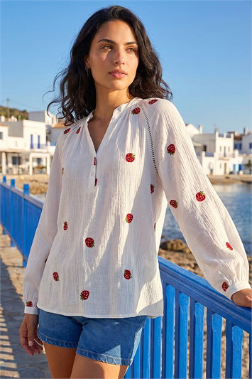 White Dusk Strawberry V-Neck Tunic Top