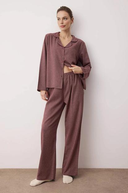 Red Revere Collar Long Sleeve Cotton Flannel Woven Wide Leg Pyjama Set