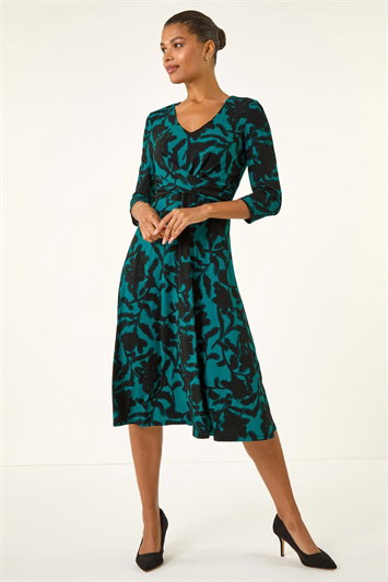 Floral Print Wrap Midi Stretch Dress 14803191