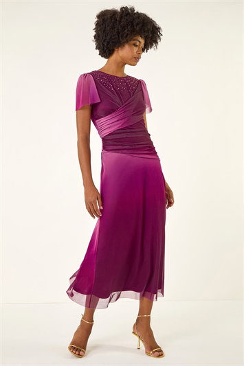 Red Embellished Ombre Mesh Midi Dress