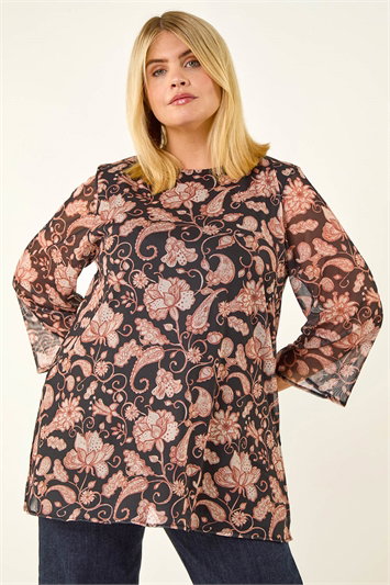 Cream Curve Print Mesh Tunic Top