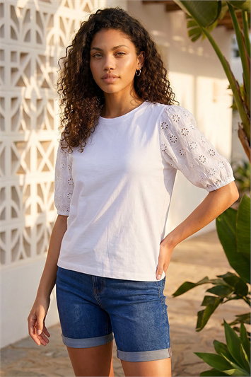 White Petite Embroidered Puff Sleeve Top