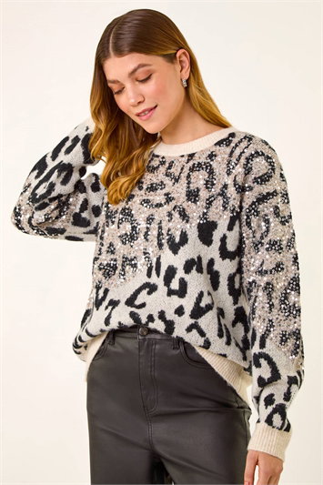 White Sequin Animal Print Knit Jumper