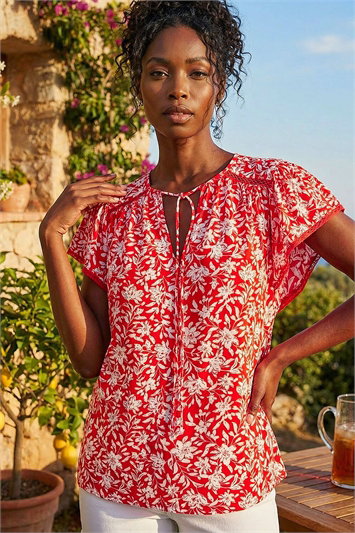 Floral Print Frill Sleeve Tie Top 20219178