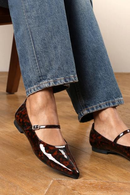 Black Novalee Wide Fit Pointed Toe Mary Jane Front Strap Ballet Flats
