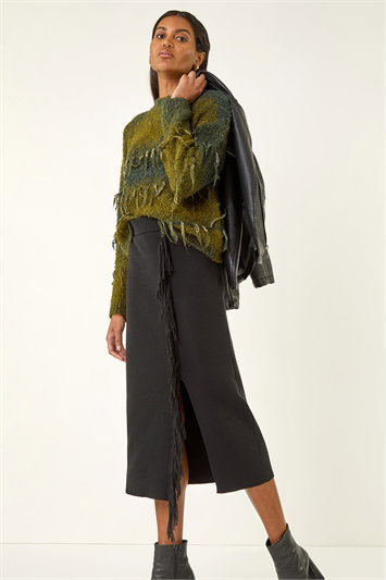 Fringe Side Knit Midi Pencil Skirt 17070008
