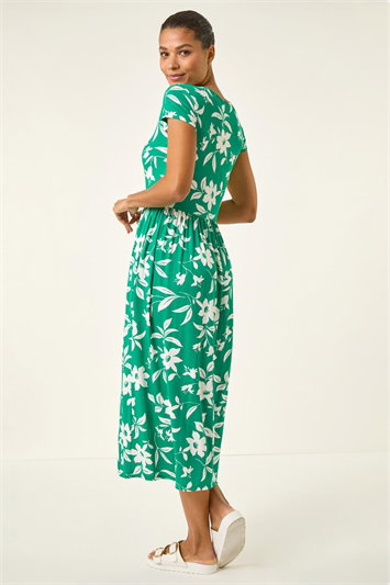 Green Floral Print Pocket Midi Dress