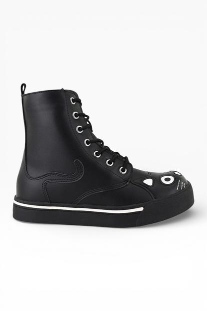 Black Kitty Faux Leather Combat Sneaker Boots