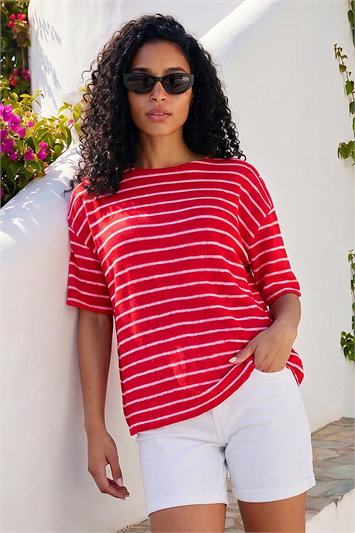 Red Stripe Print Snit Jersey Top