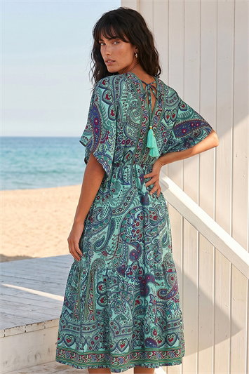 Paisley Print V-Neck Midi Dress 14758056
