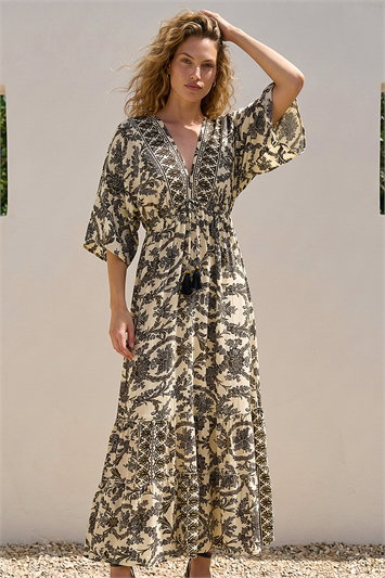 White Floral Border Boho Maxi Dress