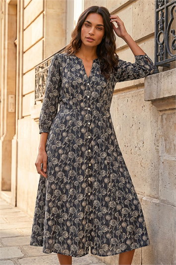 Black Printed V-Neck Midi Dress