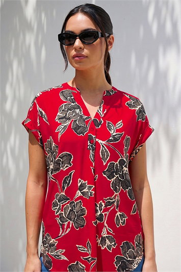 Red Floral Puff Print Stretch Top