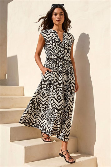 Black Aztec Print Midi Smock Dress