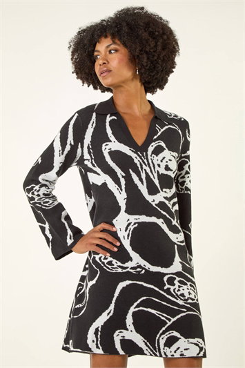 Black Floral Abstract Knit Dress