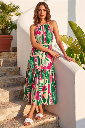 Pink Petite Print Tiered Hem Maxi Dress