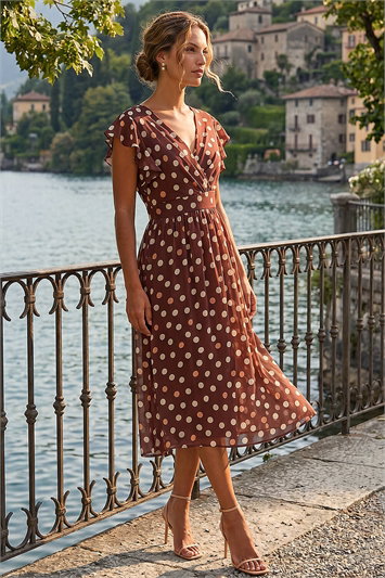Polka Dot V-Neck Frill Midi Dress 14794014