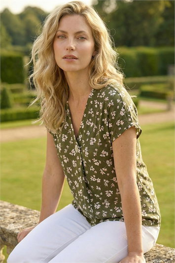 Green Floral Puff Print V-Neck Top