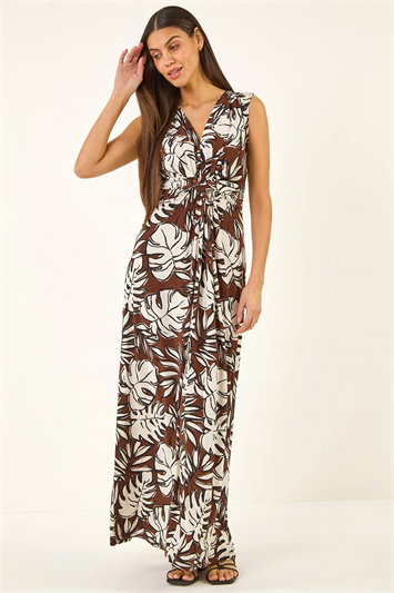 Brown Leaf Twist Front Maxi Dress