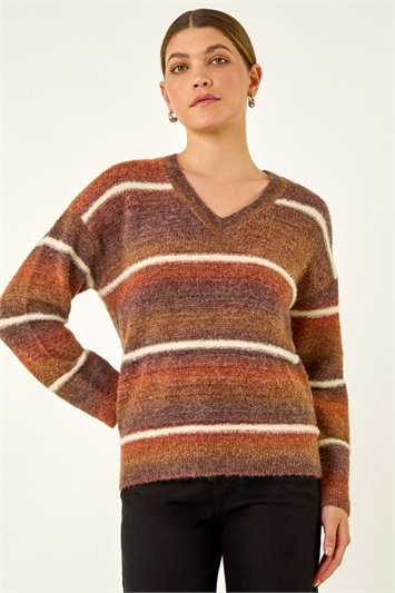 Brown Stripe Fluffy Knit Jumper