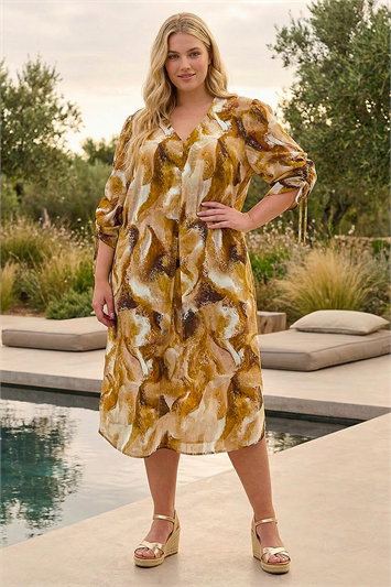 Curve Swirl Print V-Neck Midi Dress 14769714