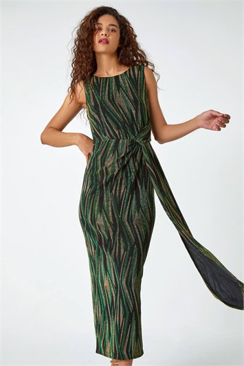Green Metallic Animal Print Ruched Maxi Dress
