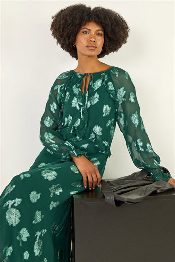 Green Floral Brocade Frill Midi Dress