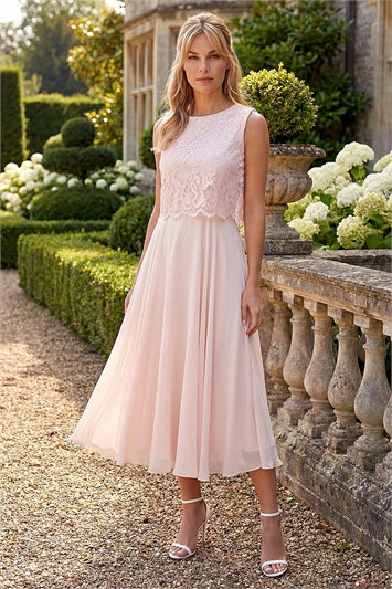 Pink Petite Chiffon Overlay Lace Midi Dress