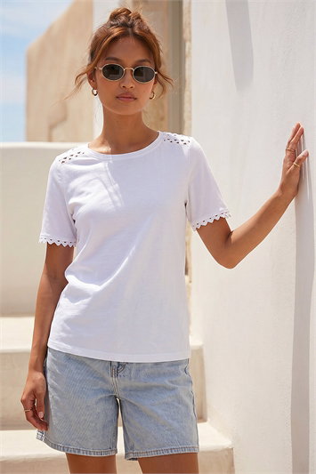 White Cotton Ric Rac Detail T-Shirt