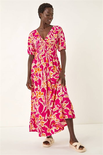 Pink Floral V-Neck Shirred Maxi Dress