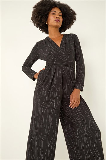 Black Embellished Wide Leg Stretch Jumpsuit