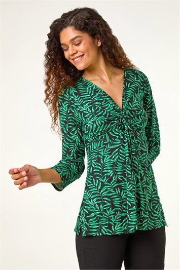 Green Leaf Print V-Neck Twist Front Top