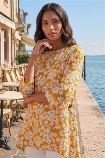 Yellow Floral Print Pocket Tunic Top