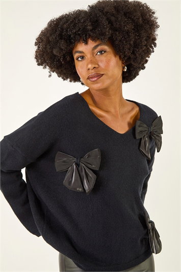 Black Bow Embellished V-Neck Knit Jumper