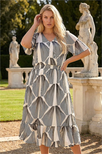 White Curve Abstract Button Detail Midi Dress