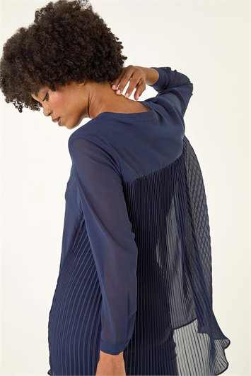 Blue V-Neck Pleated Back Blouse