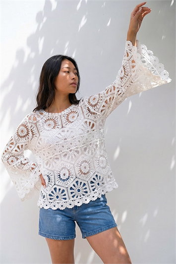 Petite Crochet Flare Sleeve Top 16327994