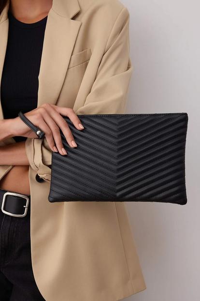 Black Chevron Quilted Zip Closure Clutch Bag