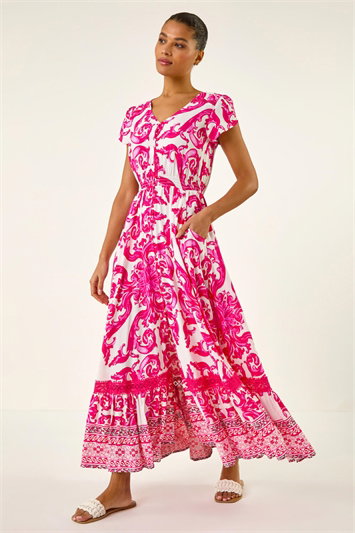 Border Print Button Dress 14852872
