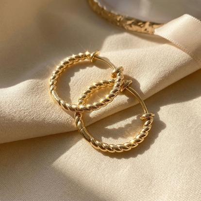 Metallic Gold Plated Thin Twisted Rope Hoop Earrings