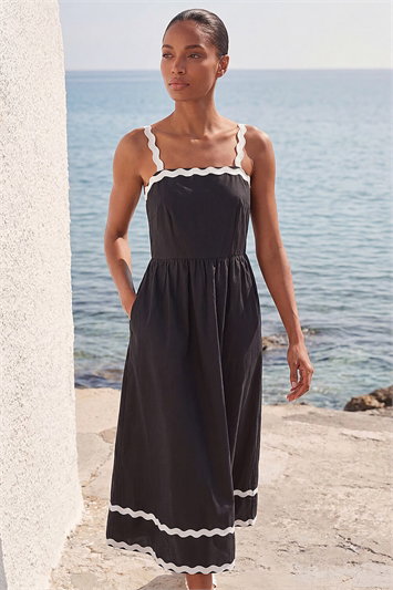 Black Contrast Ric Rac Midi Dress