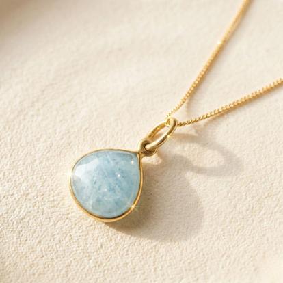 Metallic 18Ct Gold Vermeil Plated Aquamarine March Birthstone Necklace
