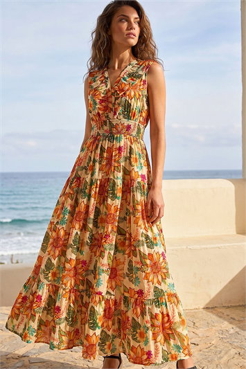 Orange Floral Print Frill V-Neck Maxi Dress